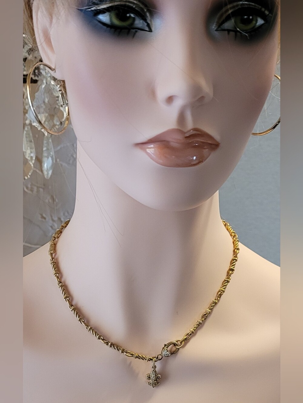 Judith Ripka 14k Gold Clad Oval Link Fleur-de-Lis Charm Necklace. Diamonique